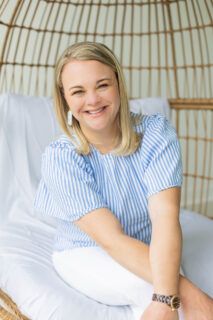 A photo of Stephanie Farmer is captured. She is a Licensed Clinical Mental Health Counselor Supervisor (LCMHCS) and Perinatal Mental Health Certified (PMH-C) in North Carolina. Stephanie is featured on the Grow a Group Podcast.