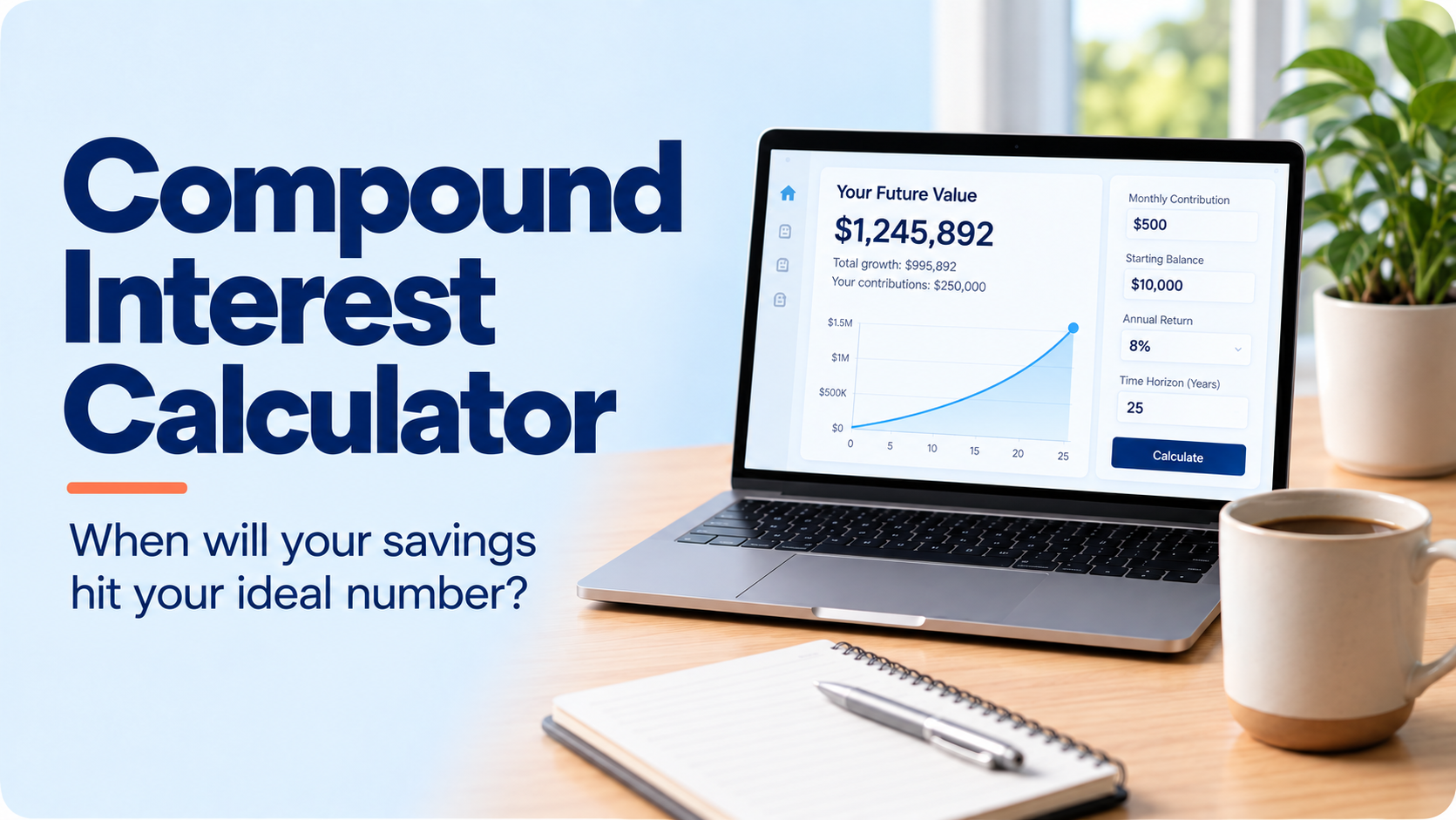 How old will you be when your retirement savings hit your goal? Plug your numbers into our free Compound Growth Calculator and find out — no spreadsheet required.